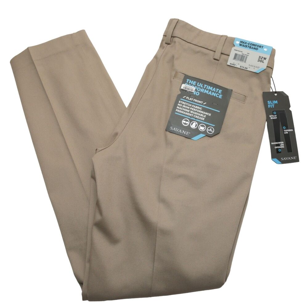 Savane 32x30 Slim Fit Flat Front KhakiMen’s Pants Max-Comfort Waistband Stretch